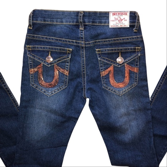 True Religion Women’s “Julie” Dark Wash Gold Sequin Jeans Size 27 - Picture 3 of 13
